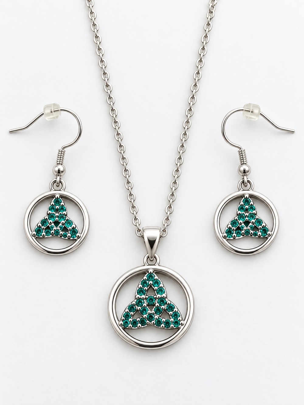Silver Emerald-Tone Trinity Circle Necklace & Earrings Set